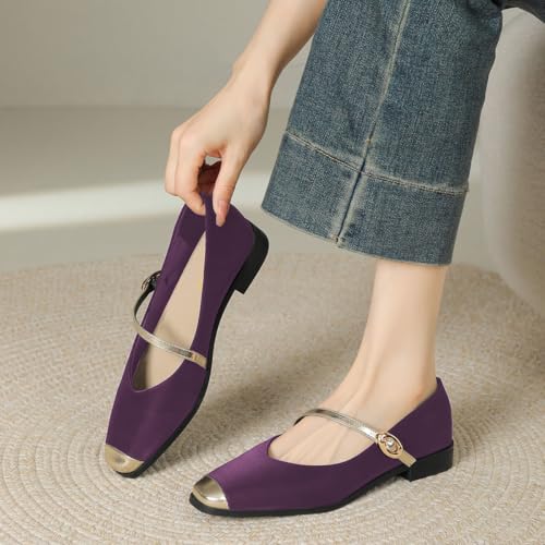 Women Retro Metal Cap Toe Mary Jane Flats Strap Buckle Low Chunky Heel Pumps Party School Uniform Shoes Size 4-16 US4
