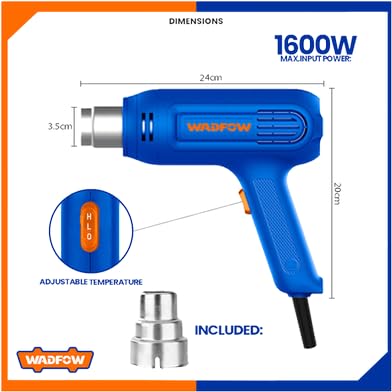 Wadfow 1600 Watt Hot Air Gun with dimensions labeled: 24cm length, 20cm height, 3.5cm nozzle diameter. Max input power 1600W. Adjustable temperature switch shown.