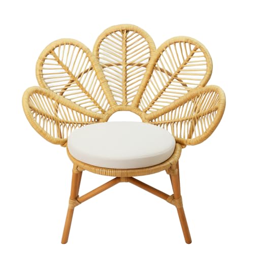 Deconation Fauteuil en Rotin Paon avec Coussin Blanc - Chaise pour Extérieur Ou Intérieur - D 70 X P 85 X H 90 Cm