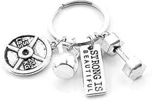 Fitness Gym Keyring with Quotes Weight Plate Dumbbell and Kettlebell Exercise Strong is Beautiful Charm Pendant Keychain Gifts for Daddy Husband Boyfriend