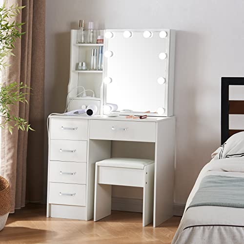 Xinhonglei White Modern Vanity Desk With Power Outlet, Makeup Vanity Dressing Table With 10 Led Lighted Mirror And Cushioned Stool, Vanity Table Large Vanity Set Dresser For Bedroom #TOP1
