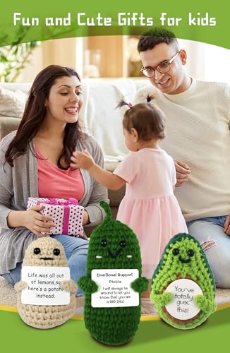 Funny Positive Crochet Potato Emotional Support Gag Gifts with Positive Card, Knitted Cute Dolls for Friends, Parties, Birthdays, Christmas(Potatoes Pickle Avocado)