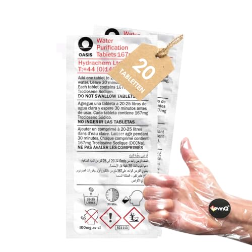 LevinQ Wasserreinigungstabletten [20Stk] *NSFgeprüft* 100%keimfreies Trinkwasser 25Ltr/Tablette +Handschuhe PE | Wasserentkeimungstabletten fur Krisenvorsorge Outdoor, Notfall, Camping, Reiseapotheke