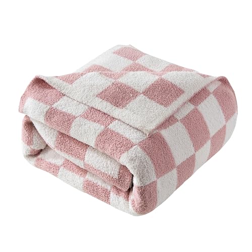 Image of Elegant Comfort Checkered Throw Blanket, Light Pink Super Soft Cozy Fluffy Warm Throw Blankets for Couch, Sofa, Chair, Bed, Camping, Picnic, Travel Lightweight Bed Blanket (50 inch x 70 inch)