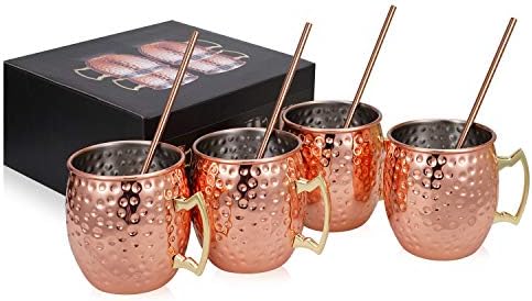 Moscow Mule Copper Mugs Set of 4, Includes 4 Straws, Moscow Mule Mugs Copper Cups 530ml for Cocktail, Gin, Beer, Drinking, Gift Set for Bartender, Bartending, Barware