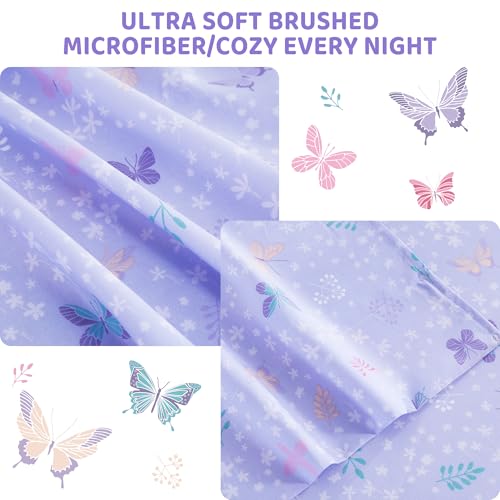 Image of Viviland 4 Pieces Girls Light Purple Full Sheet Set - Soft Microfiber Fitted Flat Sheets & Pillowcases - Butterfly Floral Printed Bedding Sets - for Kids & Toddlers