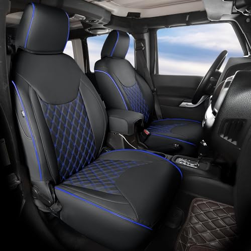 GIANT PANDA Customized Full Set Car Seat Covers for Jeep Wrangler 4 Door JK Sahara Sport Rubicon Unlimited Willys Wheeler Altitude 2013 2014 2015 2016 2017, Faux Leather - (Black+Blue)