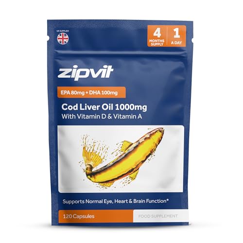 Zipvit Cod Liver Oil 1000mg, 120 Softgel Capsules, Rich in Omega-3, EPA 80mg & DHA 100mg. with Vitamins D3 & A to Support Heart, Brain, Eye Health & Immune System