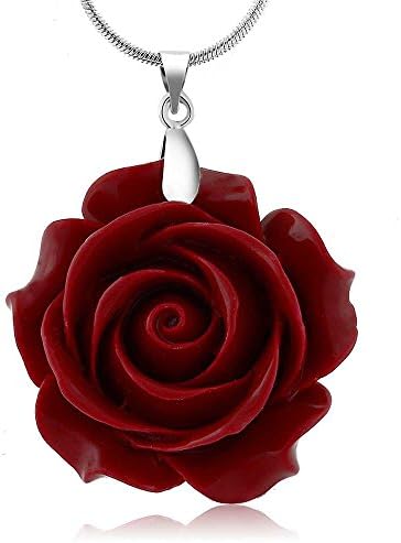 Gem Stone King 35MM Red Simulated Coral Carved Rose Flower Pendant With 16 Inch + 2 Inch Extender Chain