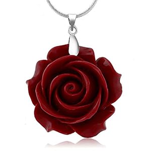 Gem Stone King 35MM Red Simulated Coral Carved Rose Flower Pendant With 16 Inch + 2 Inch Extender Chain