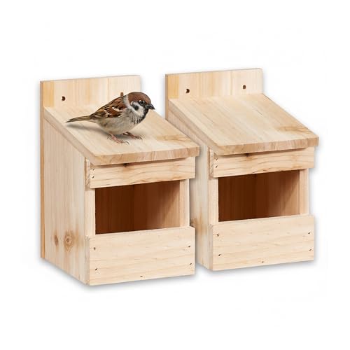 Relaxdays Halbhöhle Nistkasten, 2er Set, Amsel & Star, große Öffnung, HBT: 20 x 12 x 15,5 cm, Nisthilfe, Holz, Natur