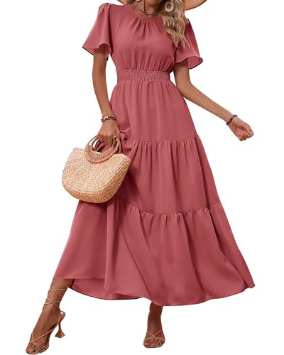 Image of PRETTYGARDEN Women's Casual Smocked Boho Floral A-Line Maxi Dress 2026 | Summer Short Flutter Sleeve Crewneck Tiered Long Sundress,Fall Wedding Guest Dresses,Spring Cute Flowy Beach Vacation Clothes