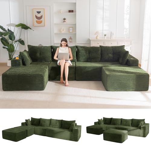 MAXYOYO 132" Giant U-Shaped Modular Sectional Couch, Modern Boneless Couch for Living Room, Sofa in A Box, Oversized Sofa with Deep Seat, No Assembly Required, Green
