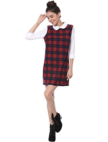Allegra K Women's Contrast Peter Pan Collar Long Sleeve Shift Plaid Dress Red S (US 6)