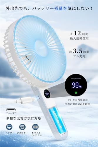 NISSYO ハンディファン 【2026年最新型・日本正規品】大風量 静音 卓上扇風機 4000mAh大容量 4段階風量 USB充電式 ディスプレイ