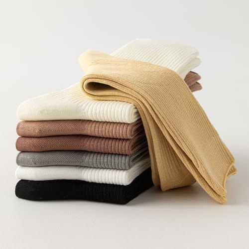 Image of 7 Pairs of Comfortable Cotton Cute Crew Solid Color Socks for Women, Long Socks Socks for Girls, Shoe Size 5-9