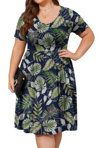 Image of DB MOON Women Plus Size Summer Dresses Casual V Neck Short Sleeve Knee Length Dress with Pockets