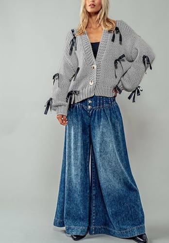 Image of Valentine's Day Cardigan Sweaters for Women Love Heart Print Button Down Cropped Cardigans Y2K Open Front Knit Sweater