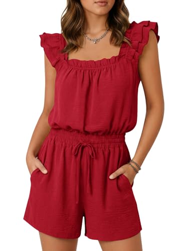 Yousify Rompers for Women Summer Casual Ruffle Sleeves Square Neck Drawstring Shorts Jumpsuit 2026 Beach Vacation Overalls
