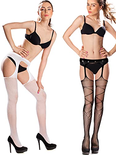6 Pairs Women Fishnet Thigh High Stockings Garter Belts and Suspender Pantyhose Stockings for Halloween (Classic, White, Grey, Light Blue, Carmine, Fluorescent Green, Black,Medium-Large)3