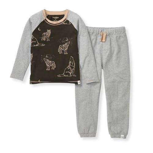 Burt's Bees Baby Boys Shirt and Pant Set, Long Sleeve Top & Bottom Outfit Bundle, 100% Organic Cotton, Desert Wolves Set, 24 Months