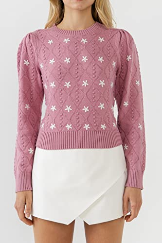 English Factory Women's Floral Handmade Embroidery Sweater Dusty Pink #TOP3