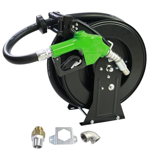 CreFiTech Fuel Hose Reel 1X33 Retractable Ratchet Spring Driven Diesel Hose Reel 360 Rotating Fuel Hose Swivel AUTO Fuel Nozzle SS304 Elbow Pipe Barb Fitting 300 PSI Swivel Steel Construction Reel