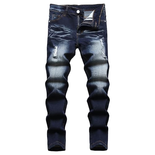 Men's Ripped Skinny Jeans Men's Stretch Slim Jeans Elastic Distressed Fashion Casual Straight Leg Pants