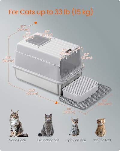 Feandrea Stainless Steel Cat Litter Box with Flip Lid, Scoop, Litter Mat, 2 Doors, for Cats up to 15 kg, Light Grey PPT007GD01 - Image 6