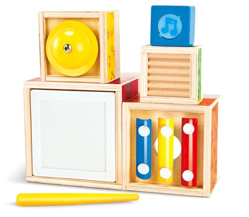 Hape Sechsteiliger Musik-Stapelwürfel - Musikspielzeug mit 5 musikalischen Klötzen (Trommel, Xylophon, Rassel, Kratzbrett, Mini-Gong) – Holz-Lernspielzeug für Kleinkinder – ab 18 Monaten