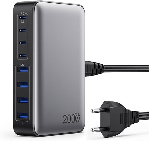 Feob 200W USB C Ladegerät Mehrfach, GaN III 8-Port Schnellladegerät PPS PD 65W Ladegerät Adapter Schnellladestation mit USB-A Netzteil Charger für MacBook, iPhone,SteamDeck,Smartph
