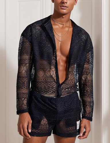 FEOYA Men's 2 Piece Hollow Out Lace Long Sleeve Button Down Shirt Elastic Waist Shorts Outfits Tracksuit3