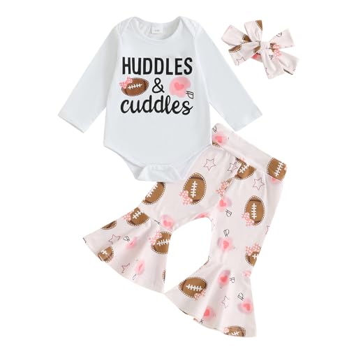 Newborn Baby Girl Football Outfit Huddles and Cuddles Long Sleeve Romper Flare Pants Headband Set 3Pcs Cute Fall Clothes