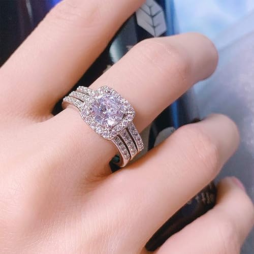 Fake Wedding Rings for Women Travel Wedding Rings Set Fake Engagement Rings Silver Engagement Ring Enhancer Bridal Wedding Rings Set Cubic Zirconia Engagement Rings for Wedding Jewelry Gifts Promise Rings for Her2