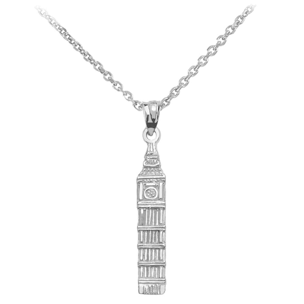 London's Big Ben Clock Tower Pendant Necklace in 925 Sterling Silver, 18"