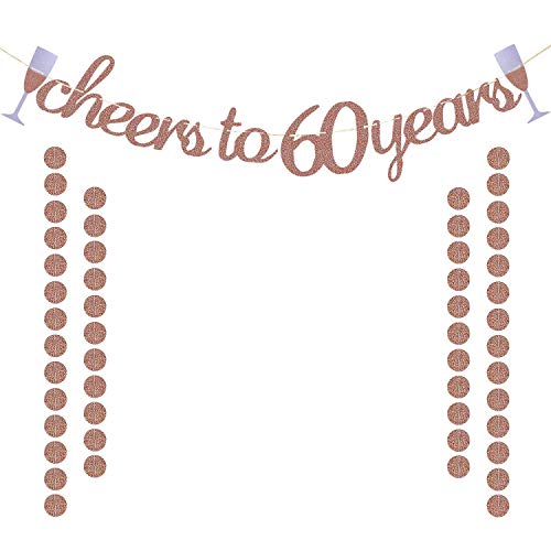 Glittery Rose Gold Cheers to 60 Years Banner for 60th Birthday Wedding Anniversary Party Decorations Supplies | Extra Rose Gold Glittery Circle Dots Garland