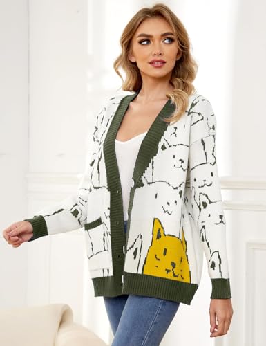 Gihuo Women Cat Sweater Oversized Cute Kawaii Cardigan Knit Graphic V Neck Loose Fit Long Sleeve Cardigan Coat3