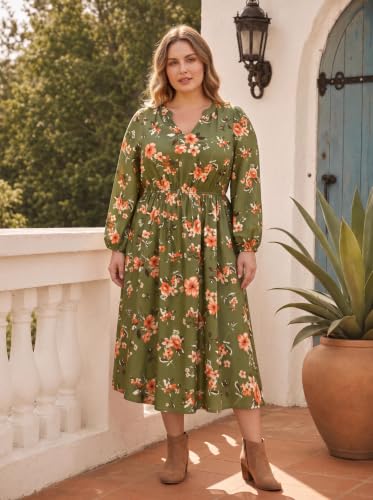 Image of TIYOMI Womens Plus Size Dresses Fall Long Sleeve Maxi Dresses V Neck Floral Spring Party Dress with Pockets XL-5XL (14W-28W)