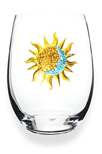 THE QUEENS' JEWELS Sun and Moon Jeweled Stemless Wine Glass, 21 oz. - Unique for Women, Birthday, Cute, Fun, Not Painted, Decorated, Bling, Bedazzled, Rhinestone