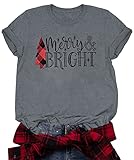 JINTING Christmas Shirts for Women Merry and Bright Shirt Letter Print Xmas Short Sleeve Graphic Tee