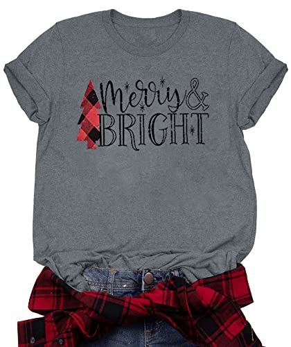 Jinting Christmas Shirts For Women Merry And Bright Shirt Letter Print Xmas Short Sleeve Graphic Tee Shirts Tops Grey #TOP10