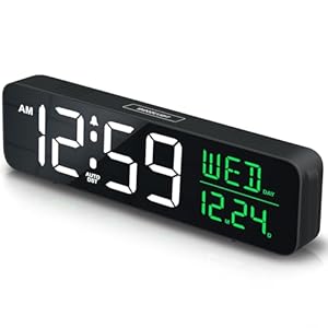 Peakeep Large Display Digital Alarm Clock for Bedrooms, Date Day of Week Calendar Desk Table Clocks for Living Room Office, Dimmable Plug in Electric Clock, 5 Volumes, Loud, Auto DST