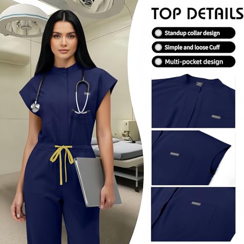 Yodilala Women's Scrubs Jumpsuit-Soft Stretch Medical Scrub Set Jumpsuit & Jogger with multiple pockets for Nurse Workwear(Navy Blue-XL) by Yodilala - Image 2