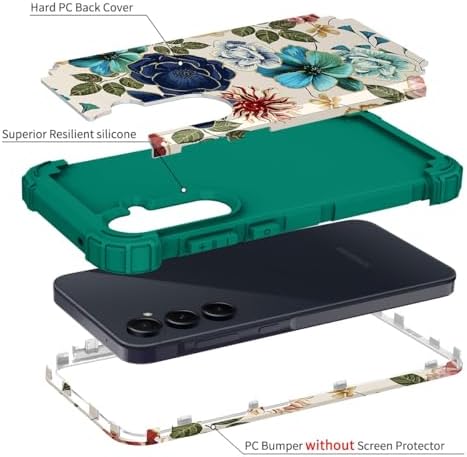 Hocase for Galaxy A35 5G Case, Heavy Duty Shockproof Protection Soft Silicone Rubber Bumper+Hard Plastic Hybrid Protective Case for Samsung Galaxy A35/A55 5G (6.6 Display) 2024 - Teal Flowers