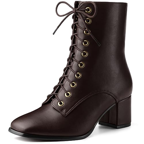 Allegra K Women's Lace Up Square Toe Chunky Heels Ankle Combat Boots