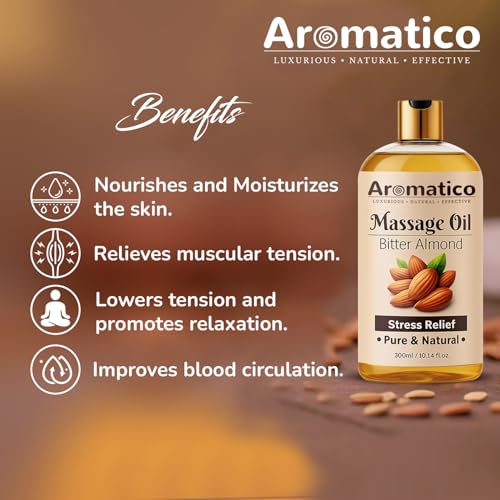 Image of AROMATICO Almond Massage Oil. Hydrates & nourishes skin, soothes irritation, improves texture & promotes relaxation - 300ml. Rich in vitamins & essential fatty acids, enhances circulation.