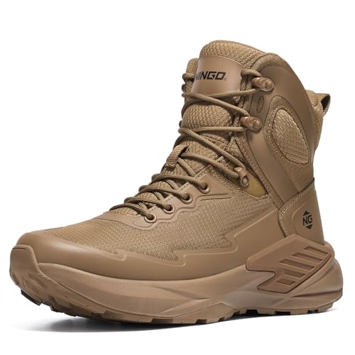 NINGO Men's Military Tactical Waterproof Boots, Lightweight Comfortable Work Combat Boots for All Day, Non Slip Hiking Rucking Footwear for Hunting, Survival, Wilderness, Field, Mocha Brown Size 11