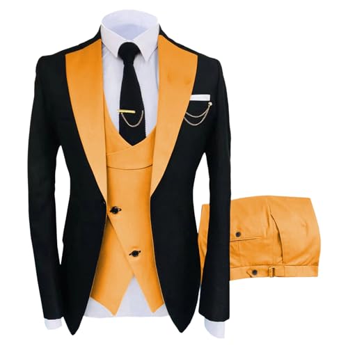 Men's 3 Piece Contrast Satin Lapel Tuxedo Blazer Vest Pants Wedding Prom Party Fashion One Button Slim Fit Suit Set Gold