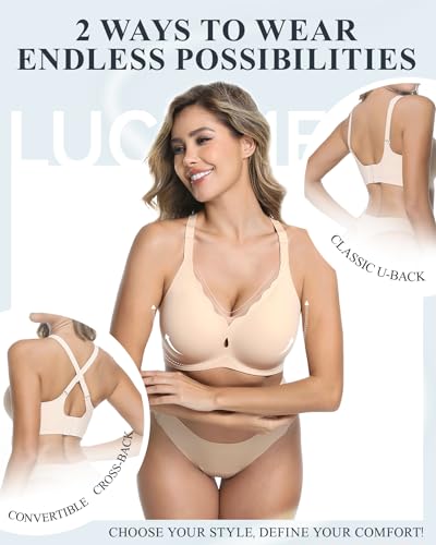 Image of LUCKMEEY Womens Wireless Push Up Bras Sexy V Mesh Supportive Seamless T-Shirt Bra No Underwire (U-Back & Crossback)