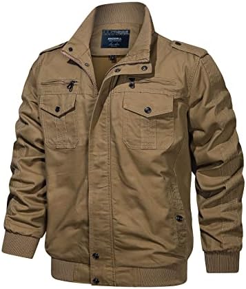 Anzerll Men's Cotton Lightweight Jacket Military Stand Collar Coat Casual Full Zipper Multi Pocket Windbreaker(Khaki L)